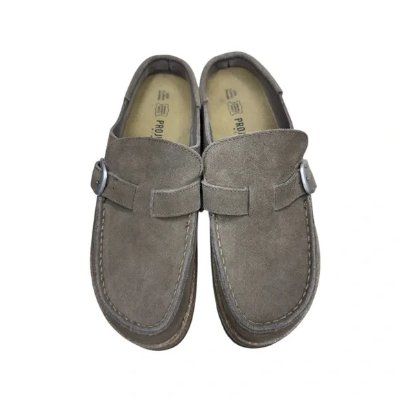 Taupe Suede Cork Bottom Slip-On Buckle Clog Shoes - Picture 3 of 5